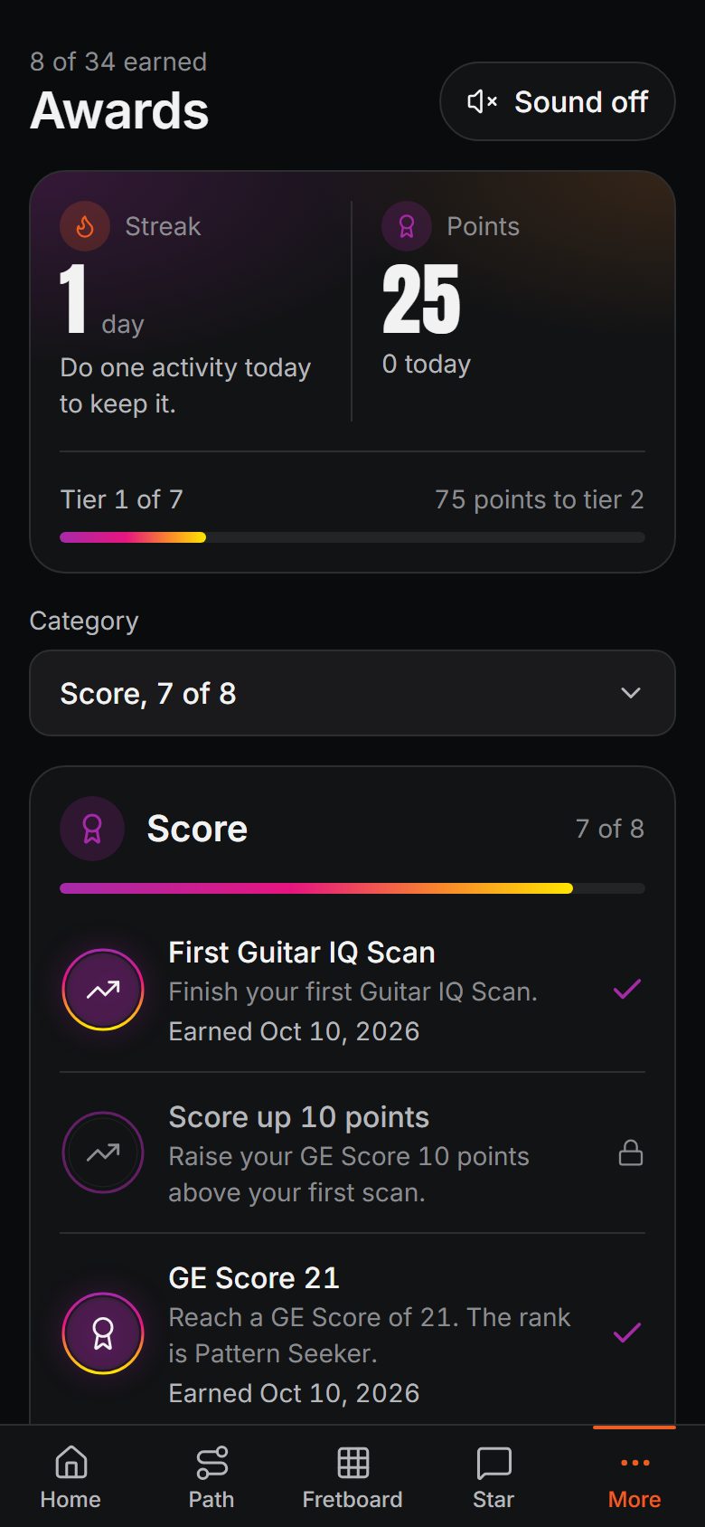 Badges in the Guitar Efficiency app