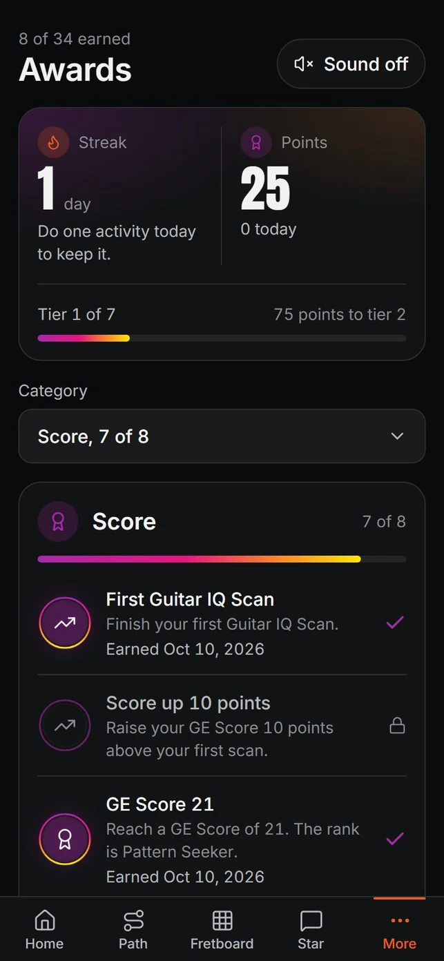 Badges in the Guitar Efficiency app