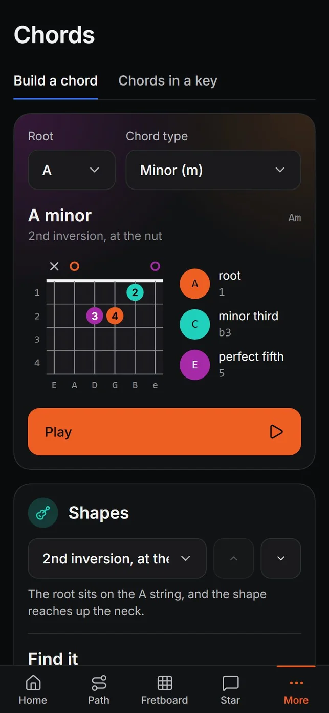 Chords in my 3 shapes in the Guitar Efficiency app