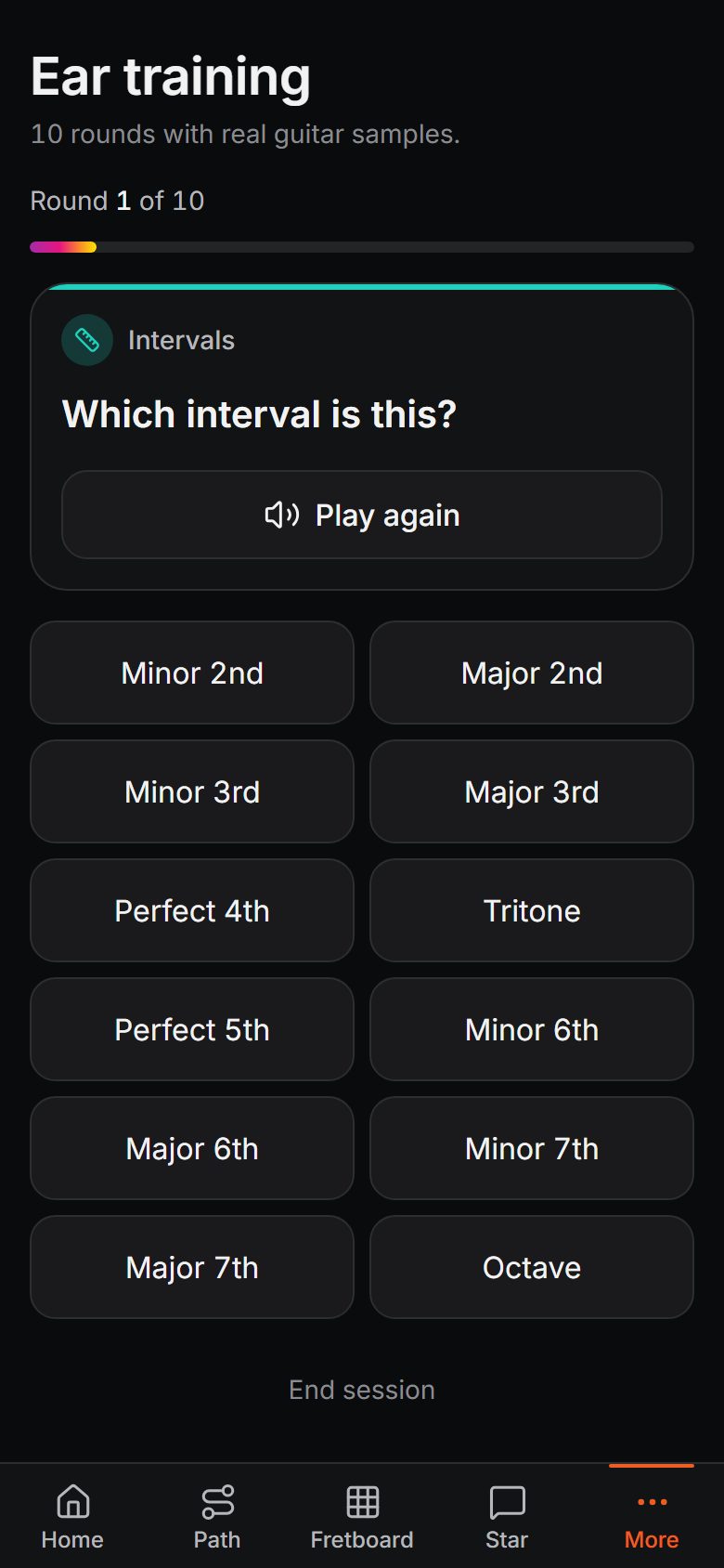 Ear training in the Guitar Efficiency app