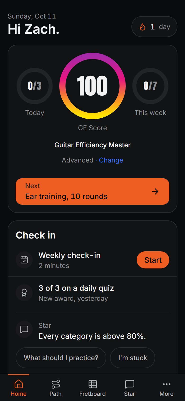 Your score and daily plan in the Guitar Efficiency app